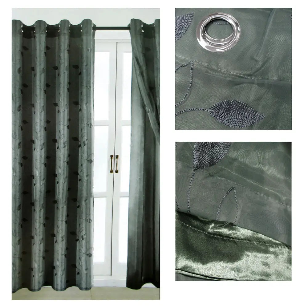 Pair of Double Layered Leaf Embroidered Eyelet Curtains Charcoal - Home & Garden > Curtains
