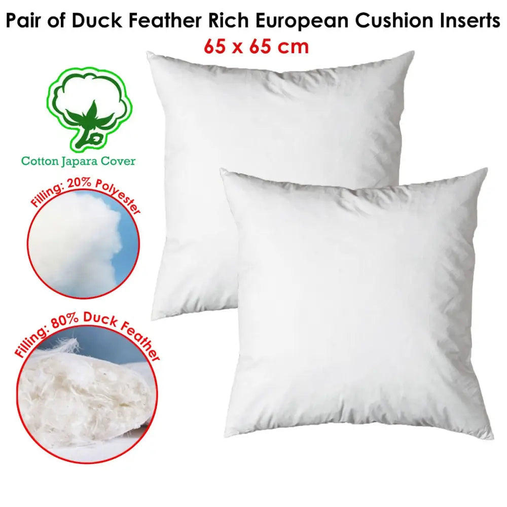 Pair of Duck Feather Rich Fill European Cushion Inserter 65 x 65 cm - Home & Garden > Bedding