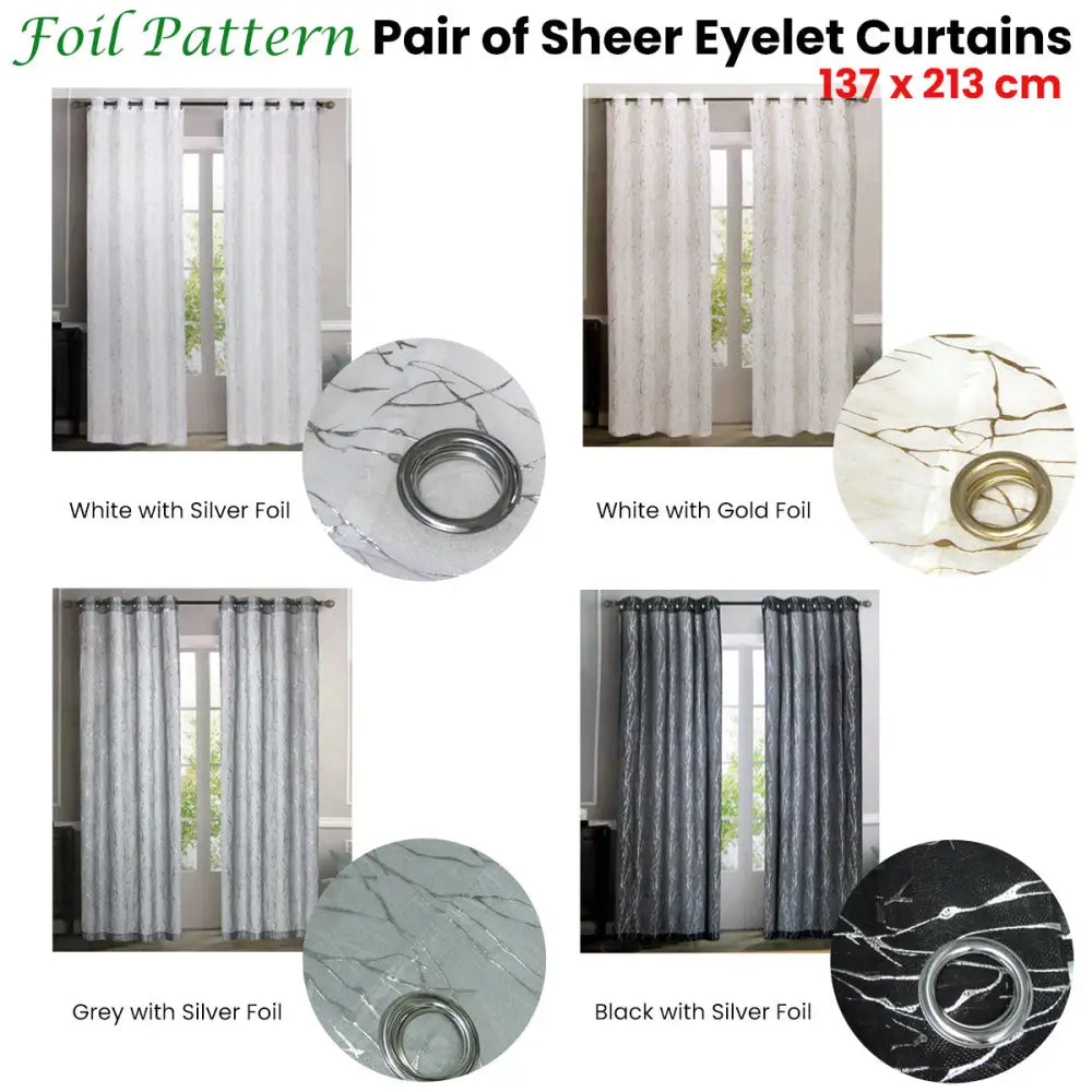 Pair of Sheer Eyelet Curtains White with Silver Foils 137 x 213 cm - Home & Garden > Curtains