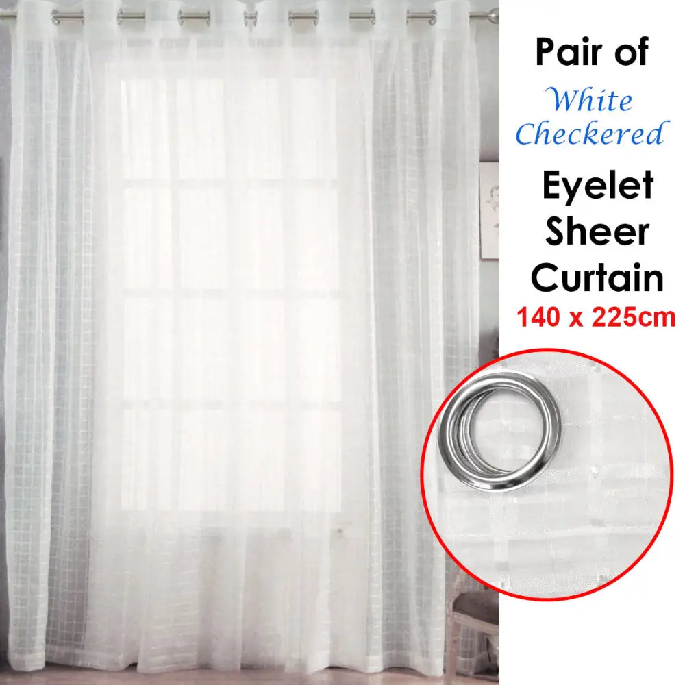 Pair of White Checkered Eyelet Sheer Curtains 140 x 225cm - Home & Garden > Curtains