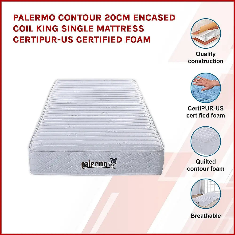 Palermo Contour 20cm Encased Coil King Single Mattress CertiPUR-US Certified Foam - Furniture > Mattresses