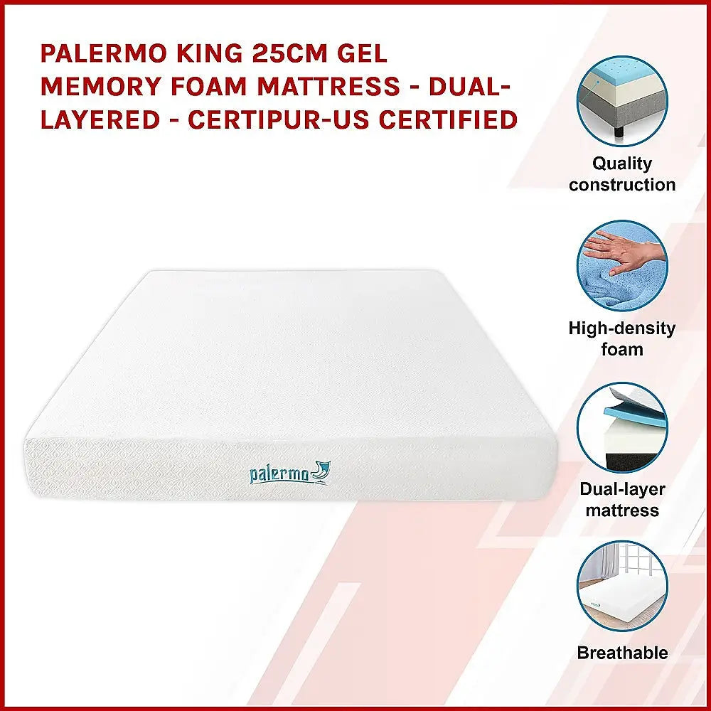 Palermo King 25cm Gel Memory Foam Mattress - Dual-Layered - CertiPUR-US Certified - Furniture > Mattresses