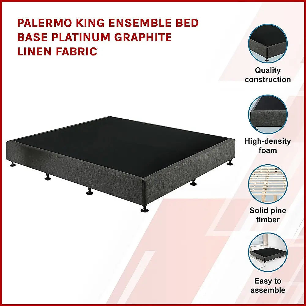 Palermo King Ensemble Bed Base Platinum Graphite Linen Fabric - Furniture > Bedroom > Beds & Bed Frames