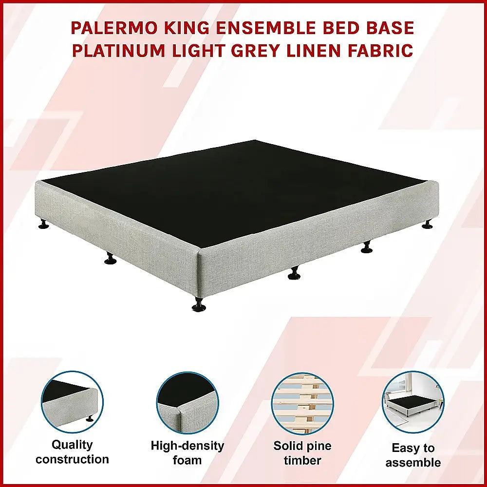 Palermo King Ensemble Bed Base Platinum Light Grey Linen Fabric - Furniture > Bedroom > Beds & Bed Frames