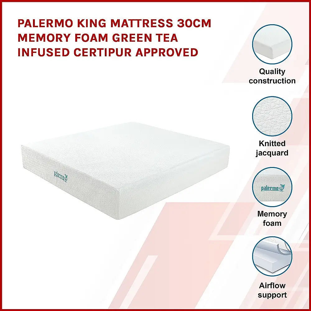 Palermo King Mattress 30cm Memory Foam Green Tea Infused CertiPUR Approved - Furniture > Mattresses
