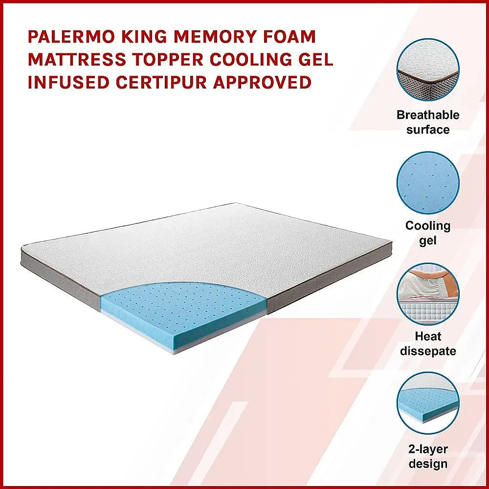 Palermo King Memory Foam Mattress Topper Cooling Gel Infused CertiPUR Approved - Furniture > Mattresses