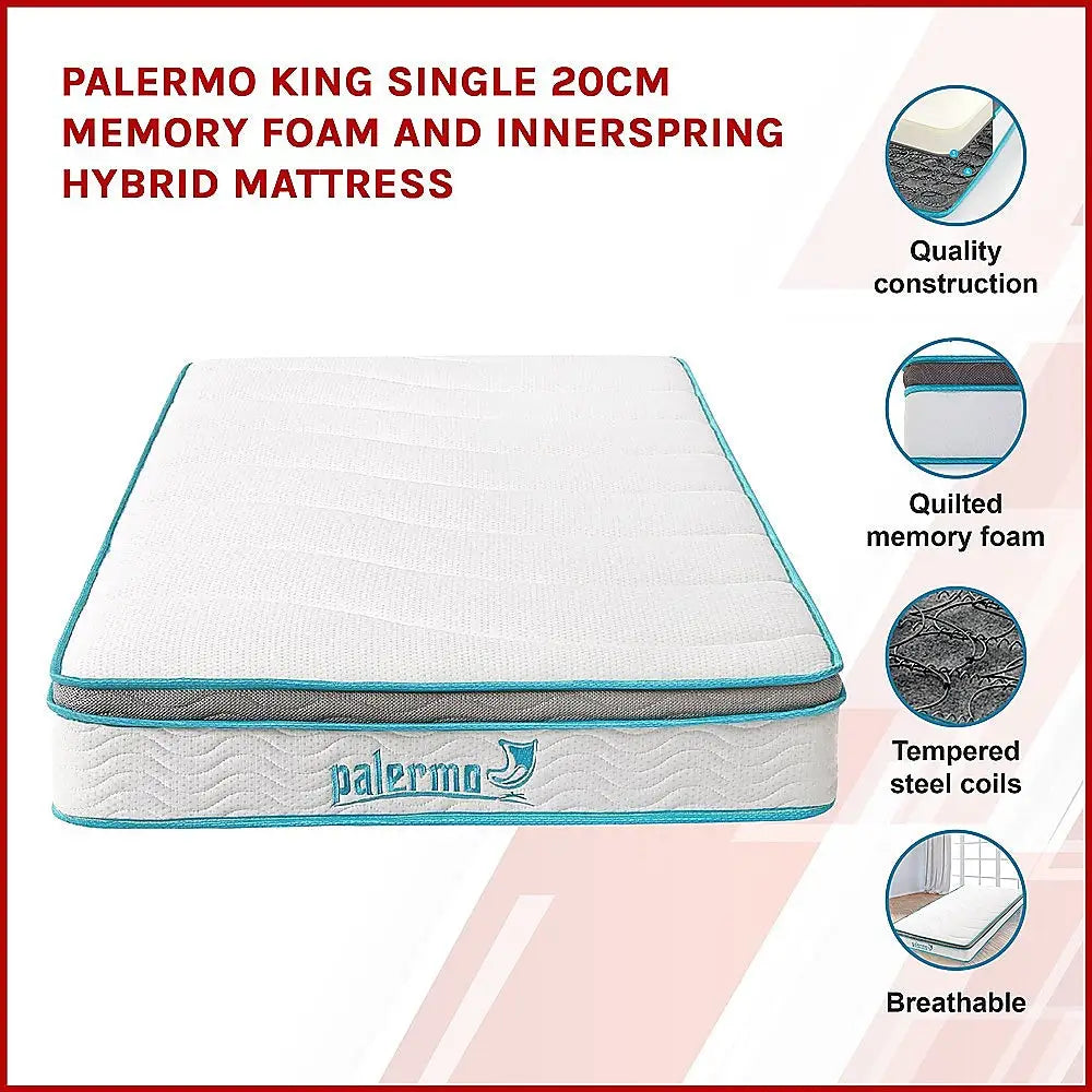 Palermo King Single 20cm Memory Foam and Innerspring Hybrid Mattress - Furniture > Mattresses