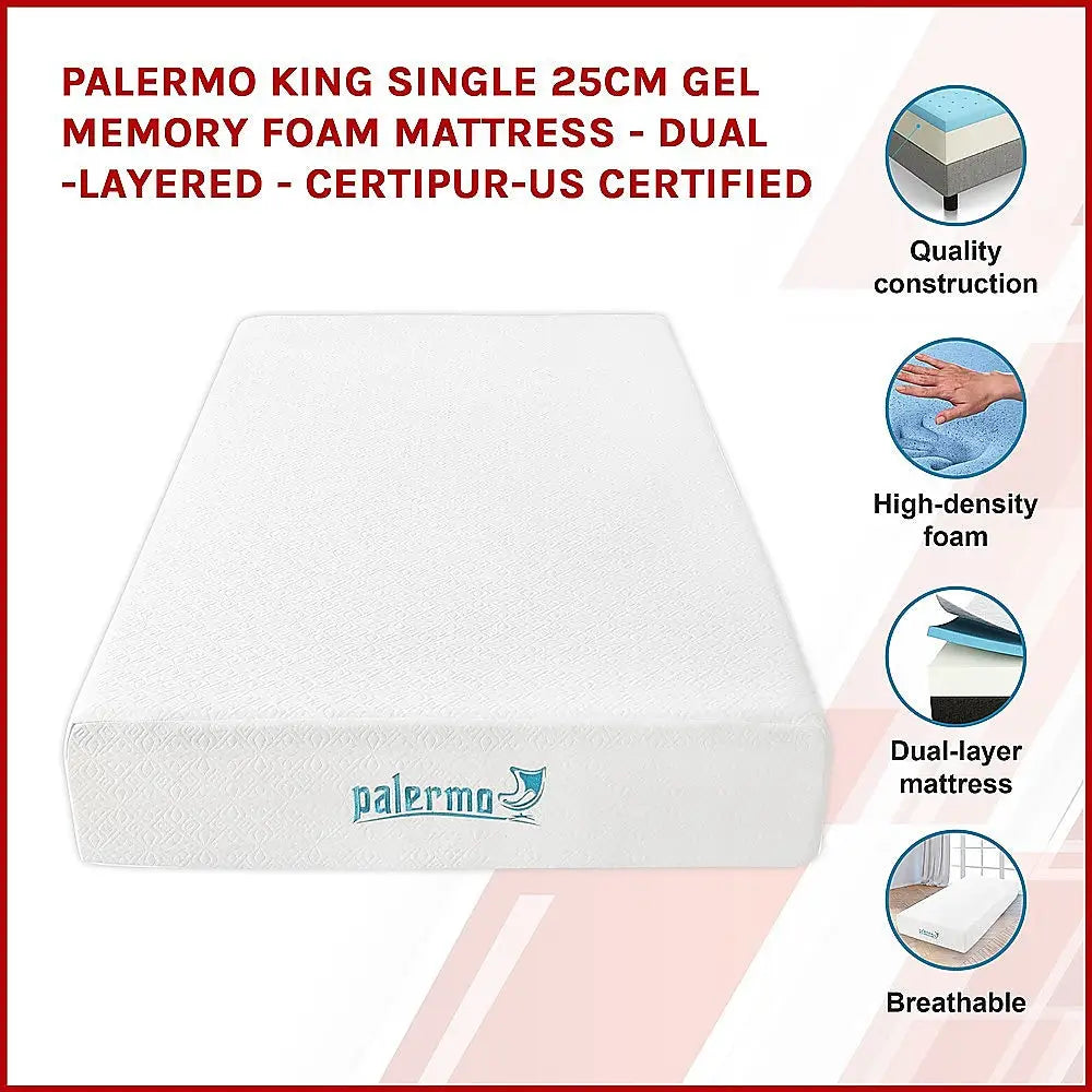 Palermo King Single 25cm Gel Memory Foam Mattress - Dual-Layered - CertiPUR-US Certified - Furniture > Mattresses