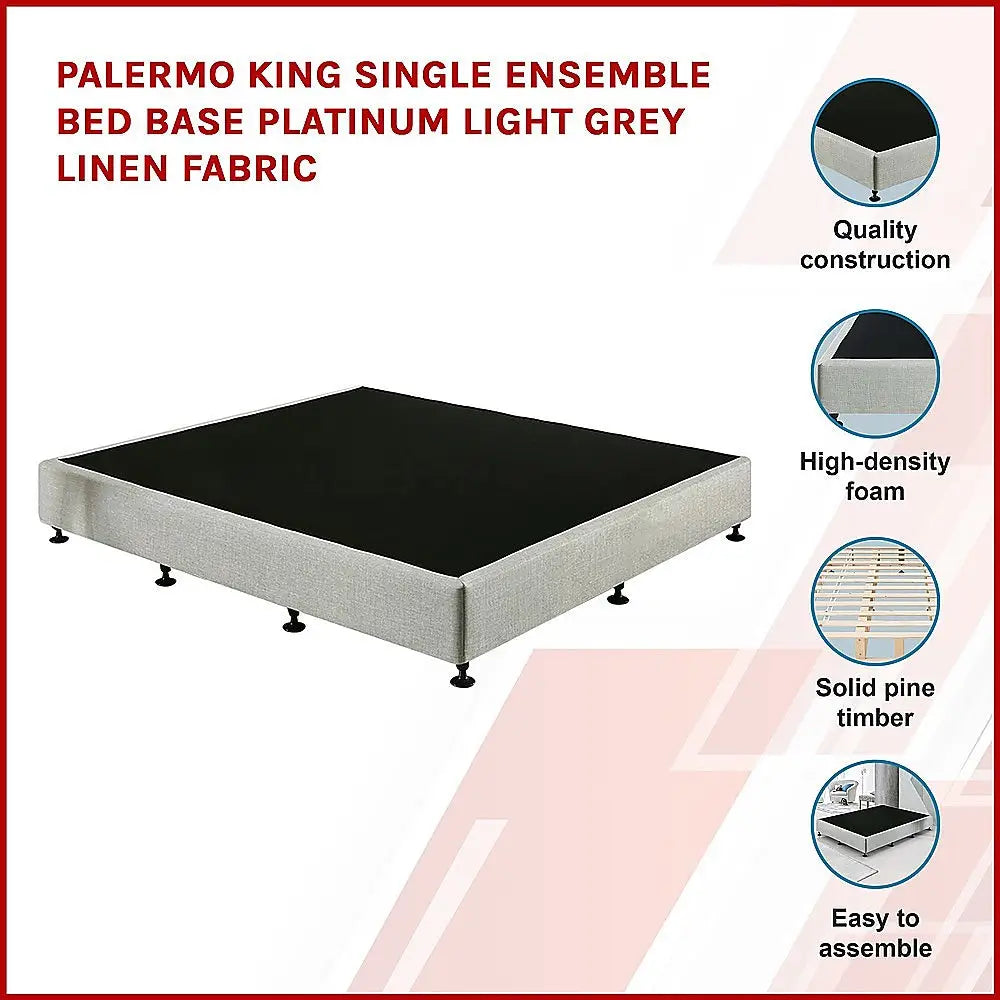 Palermo King Single Ensemble Bed Base Platinum Light Grey Linen Fabric - Furniture > Bedroom > Beds & Bed Frames