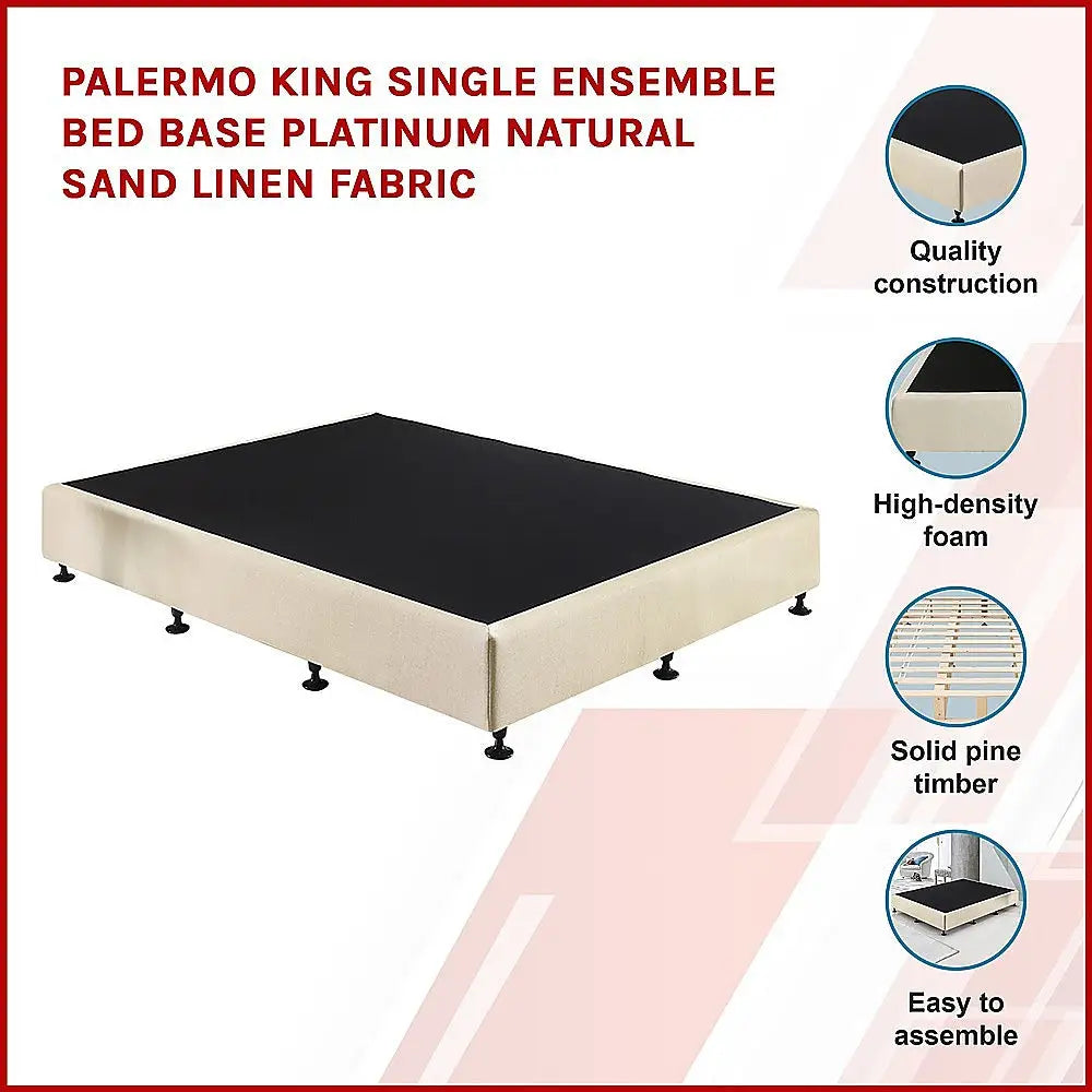 Palermo King Single Ensemble Bed Base Platinum Natural Sand Linen Fabric - Furniture > Bedroom > Beds & Bed Frames