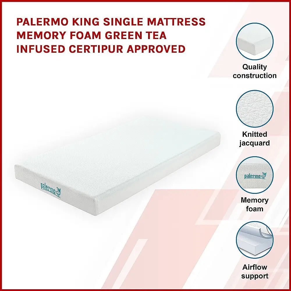 Palermo King Single Mattress Memory Foam Green Tea Infused CertiPUR Approved - Furniture > Mattresses