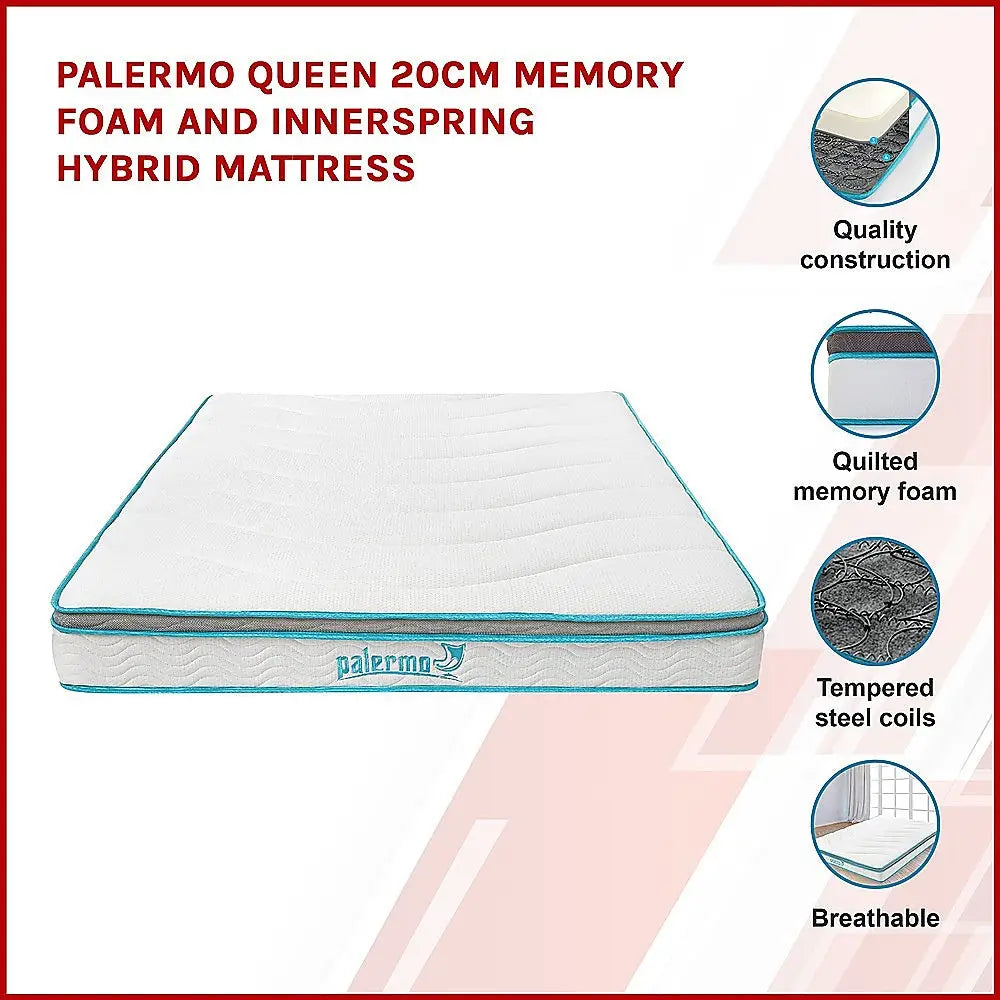 Palermo Queen 20cm Memory Foam and Innerspring Hybrid Mattress - Furniture > Mattresses