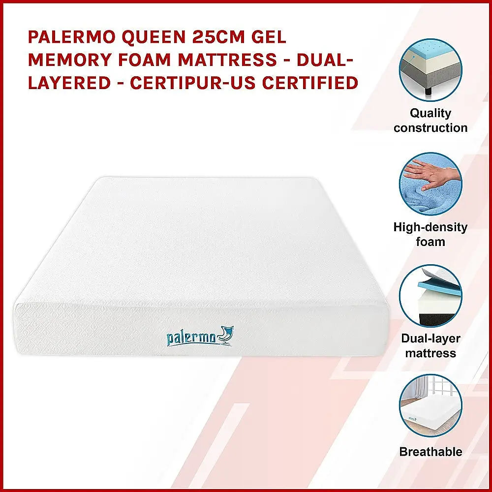 Palermo Queen 25cm Gel Memory Foam Mattress - Dual-Layered - CertiPUR-US Certified - Furniture > Mattresses