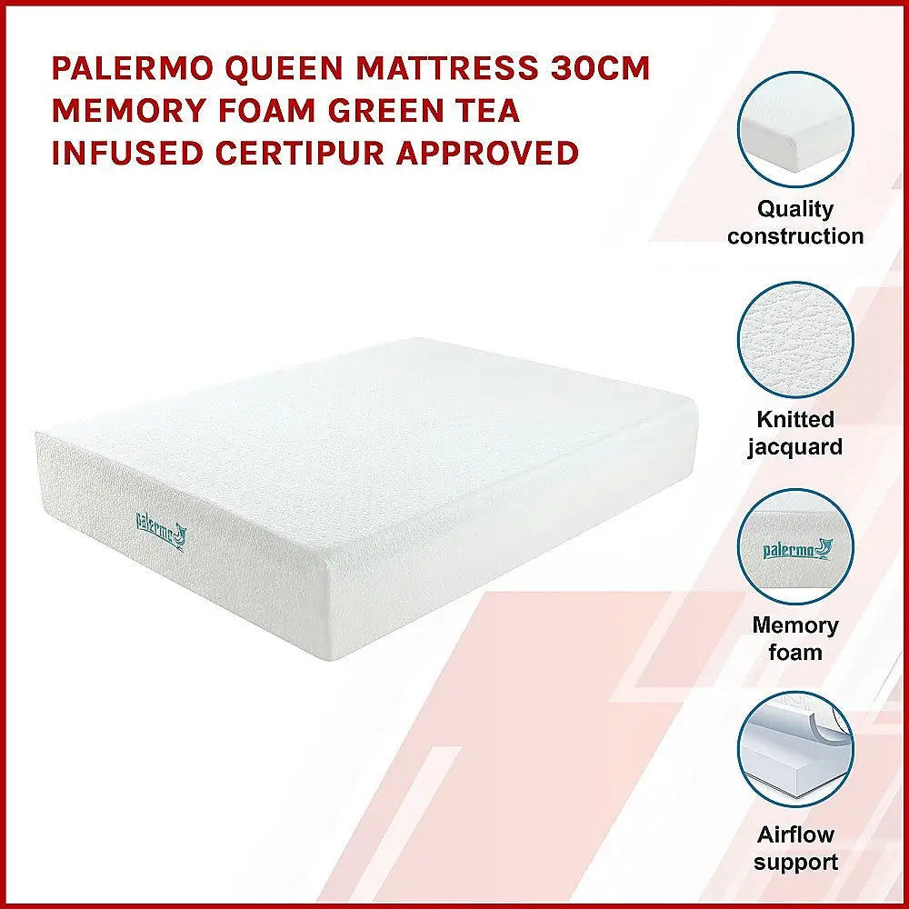 Palermo Queen Mattress 30cm Memory Foam Green Tea Infused CertiPUR Approved - Furniture > Mattresses