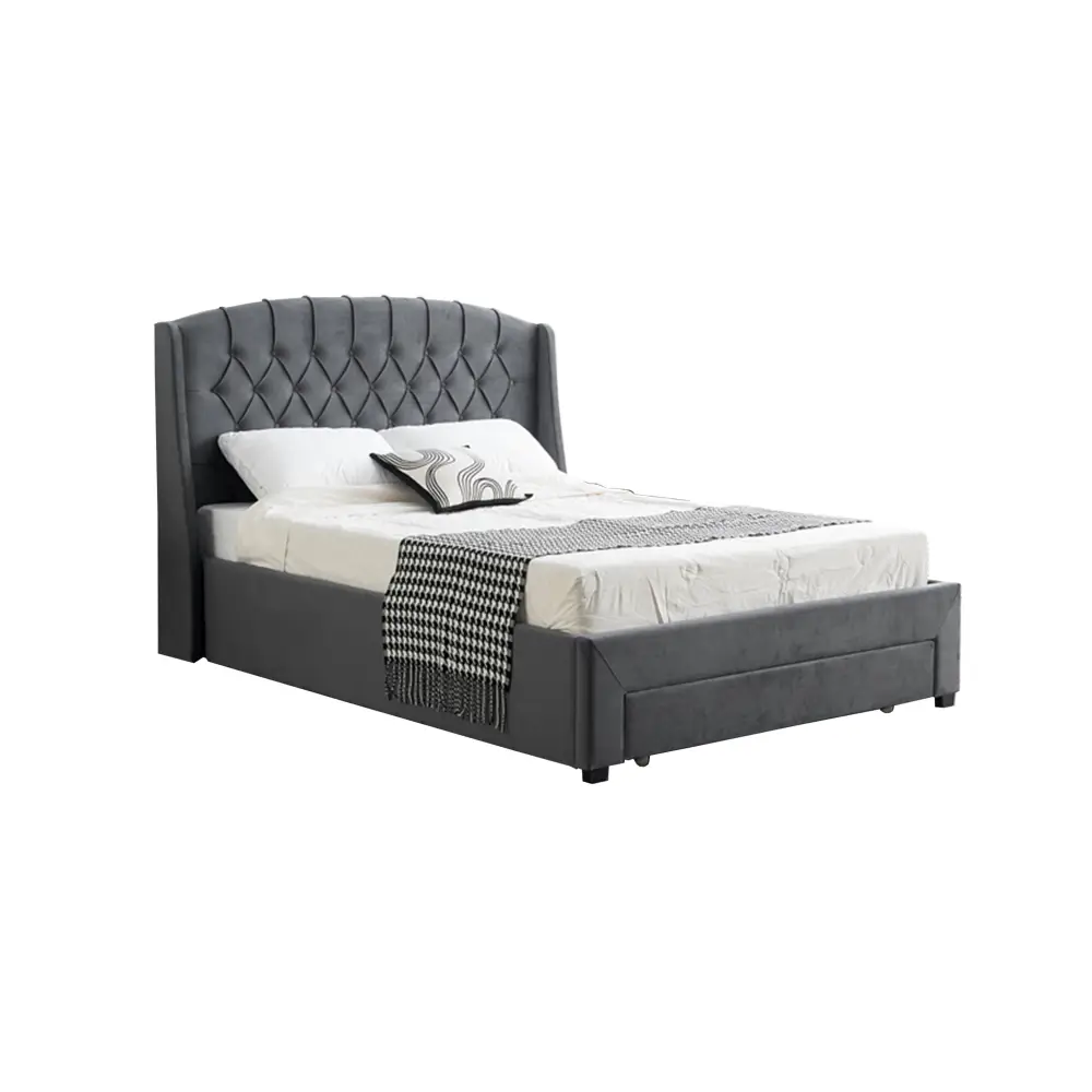 Paris Tall Tufted Velvet Dark Grey Bed with Storage Drawer - Queen - Furniture > Bedroom > Beds & Bed Frames