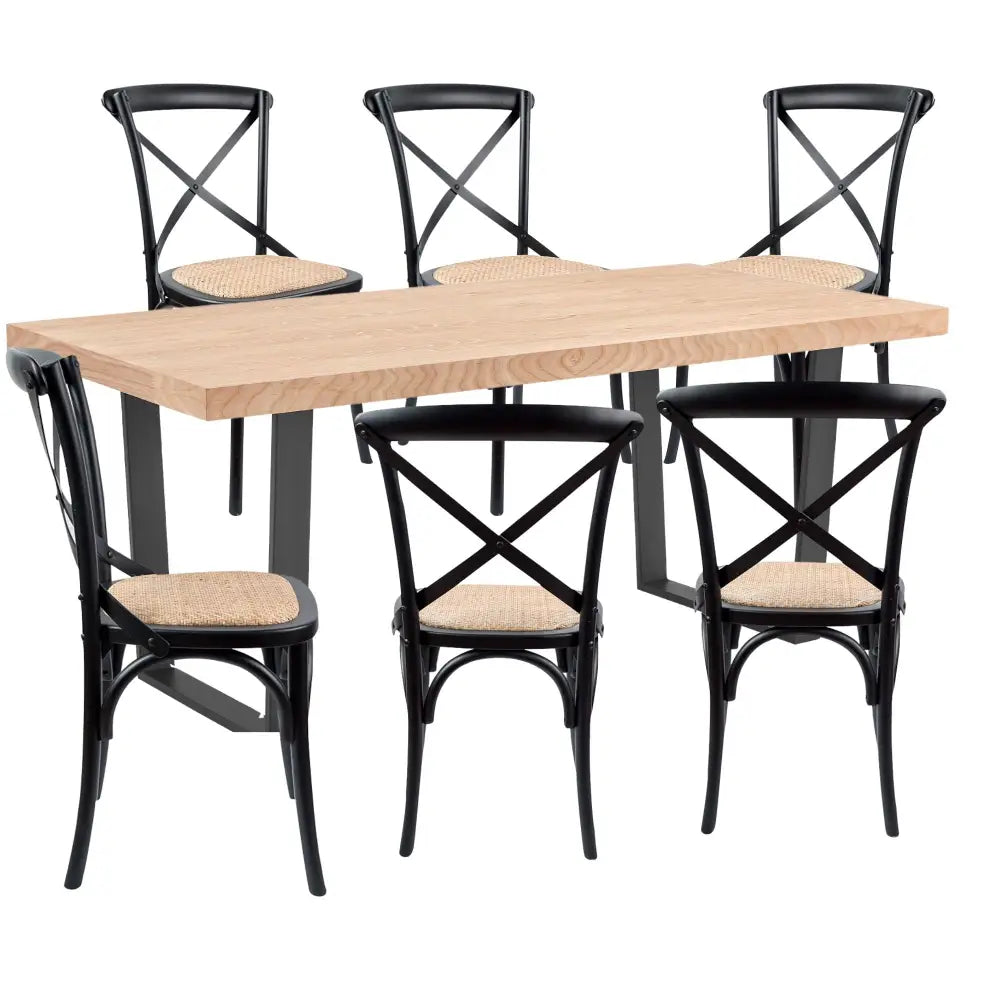 Petunia 7pc 180cm Dining Table Set 6 Cross Back Chair Elm Timber Wood Metal Leg - Furniture > Dining