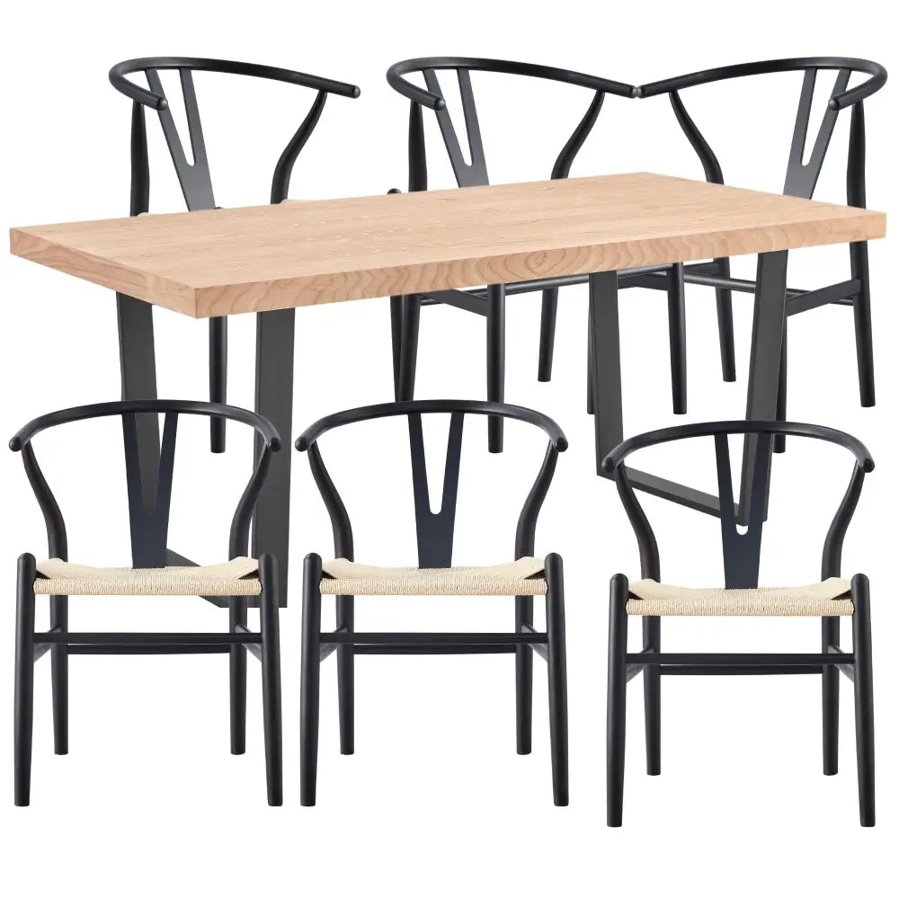 Petunia 7pc 180cm Dining Table Set 6 Wishbone Chair Elm Timber Wood Metal Leg - Furniture > Dining