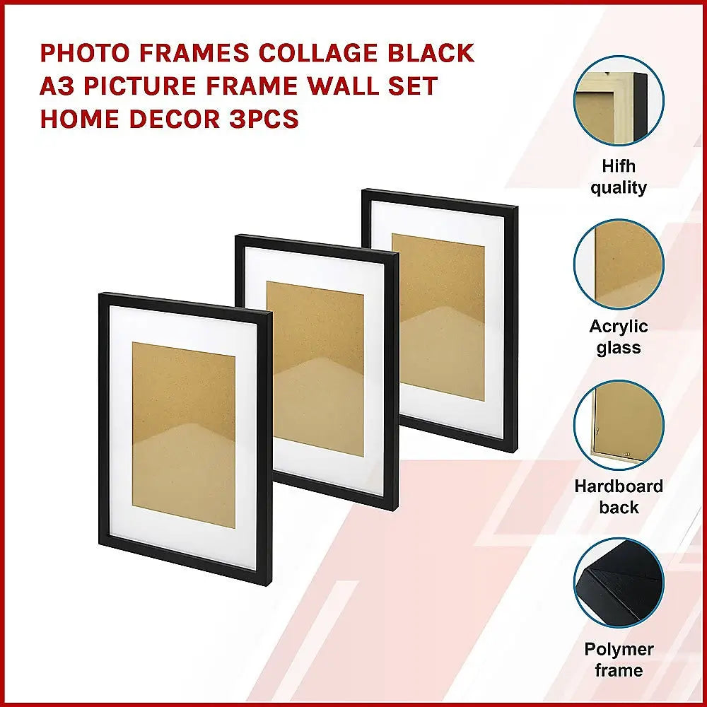 Photo Frames Collage Black A3 Picture Frame Wall Set Home Decor 3PCS - Home & Garden > Decor