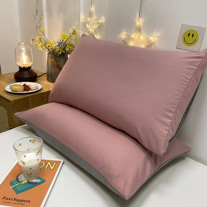 Pink And Grey Washed Cotton Pillowcase Set - Solid Color Simple Two-Tone Design 48x74cm (Pair) - Home & Garden >