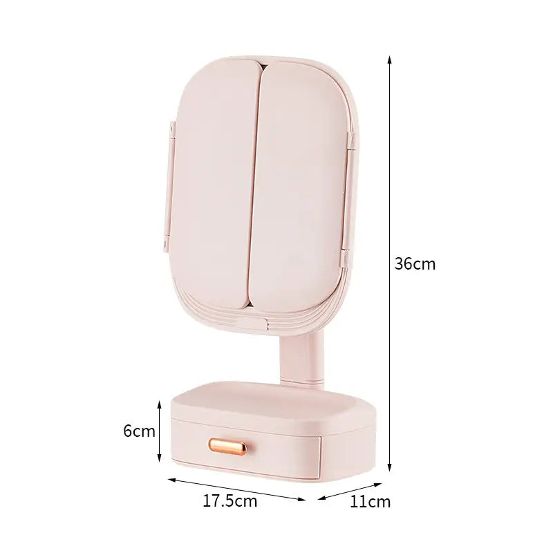 Pink LED Lighted Tri-Fold Makeup Mirror with Storage Drawer & Magnification(USB Charging Port) - Home & Garden > Decor