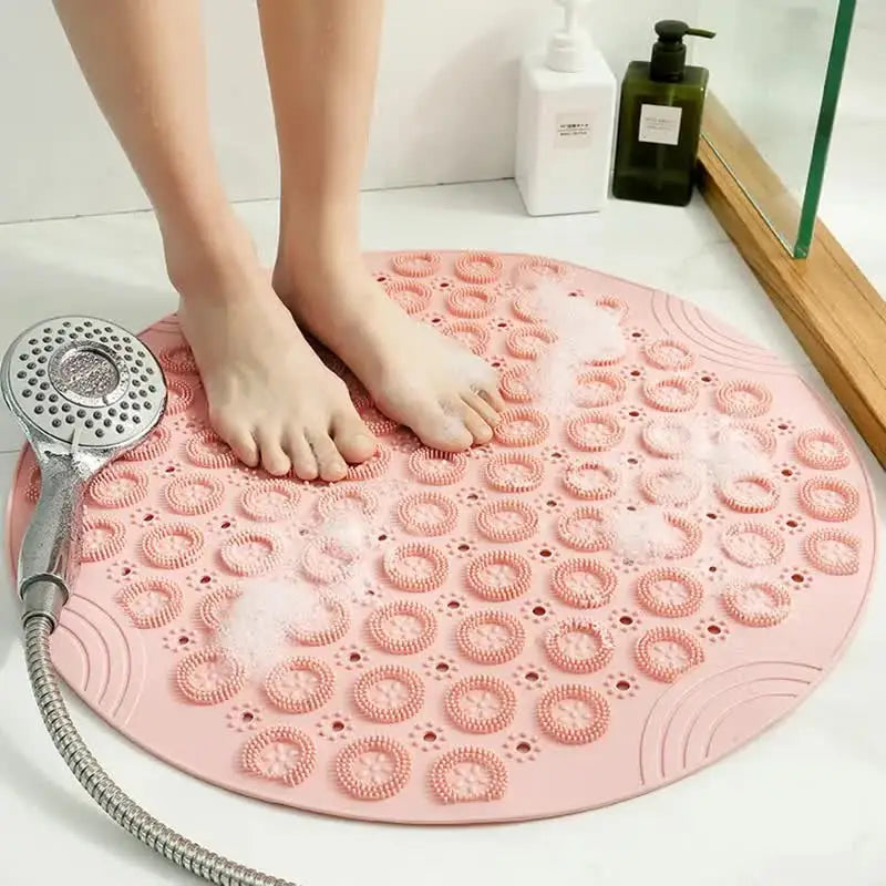 Pink Non-Slip Round Shower Foot Scrubber Mat - Soft Silicone Massage Pad for Foot Cleaning - Home & Garden > Bathroom