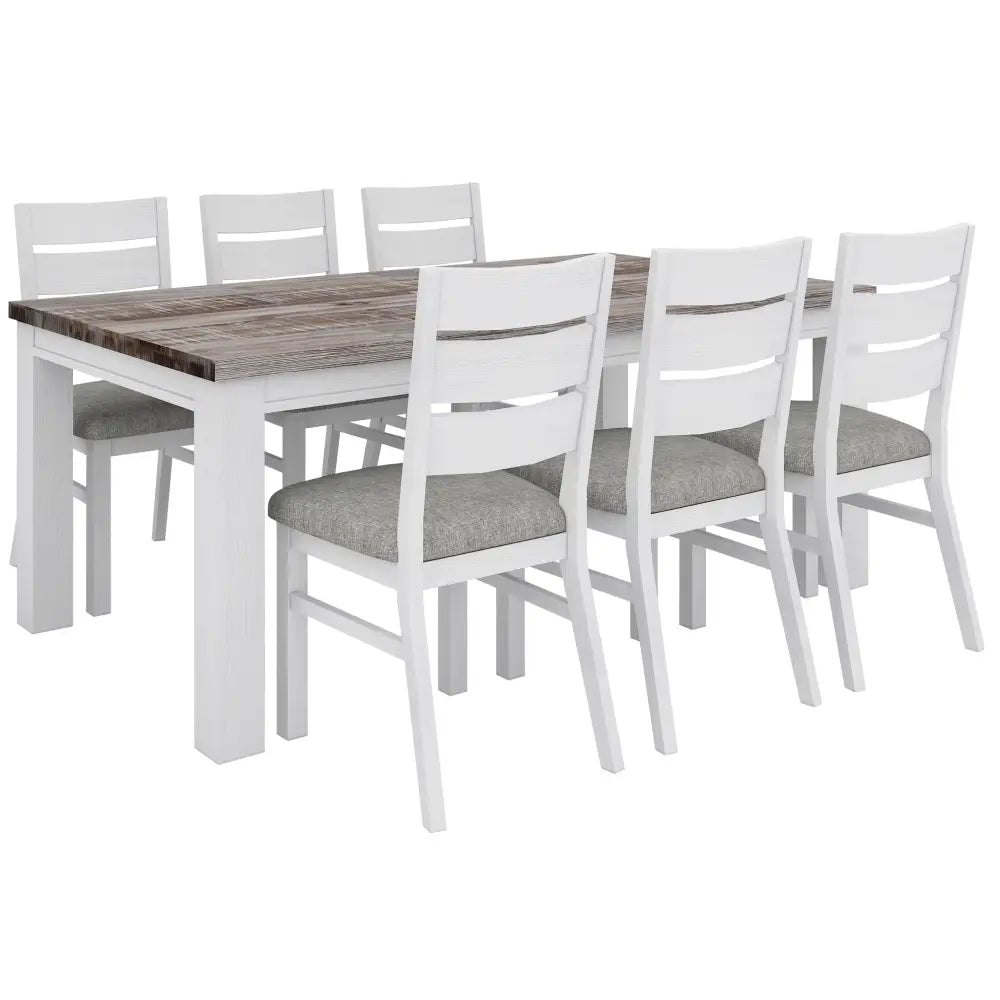Plumeria 7pc Dining Set 190cm Table 6 Chair Solid Acacia Wood - White Brush - Furniture > Dining