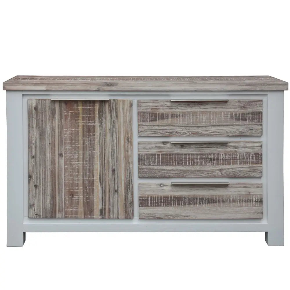 Plumeria Buffet Table 145cm 1 Door 3 Drawer Solid Acacia Timber - White Brush - Furniture > Living Room