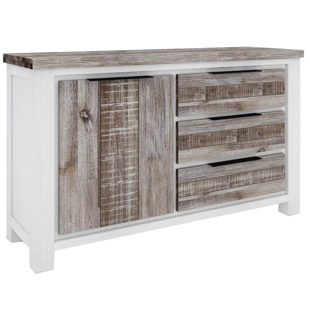 Plumeria Buffet Table 145cm 1 Door 3 Drawer Solid Acacia Timber - White Brush - Furniture > Living Room