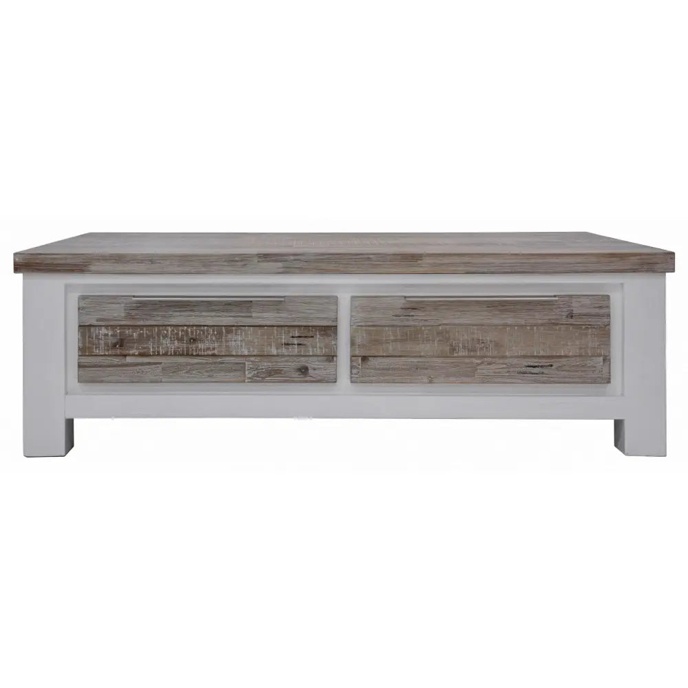 Plumeria Coffee Table 130cm 2 Drawer Solid Acacia Timber Wood - White Brush - Furniture > Living Room