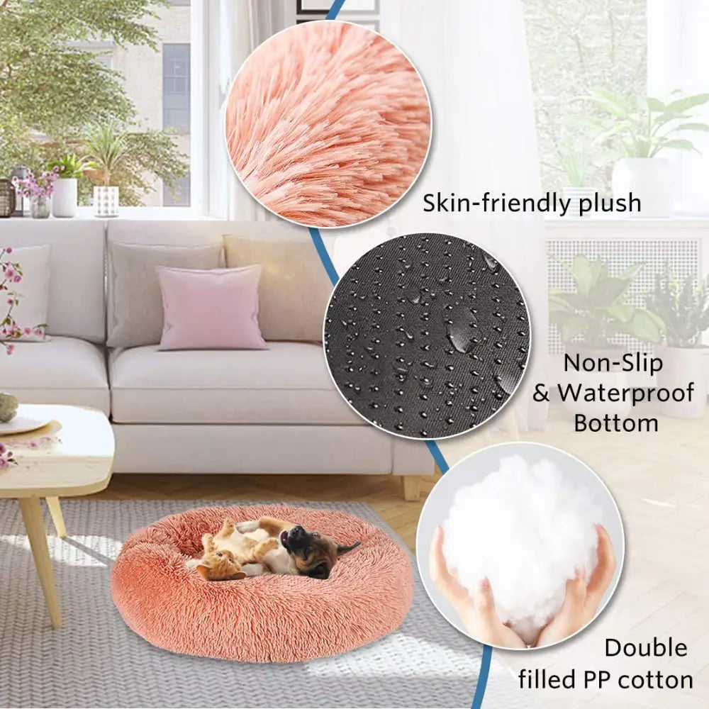 Plush Donut Faux Fur Calming Pet Nest - Salmon Pink - L - Pet Care > Dog Supplies > Dog Beds