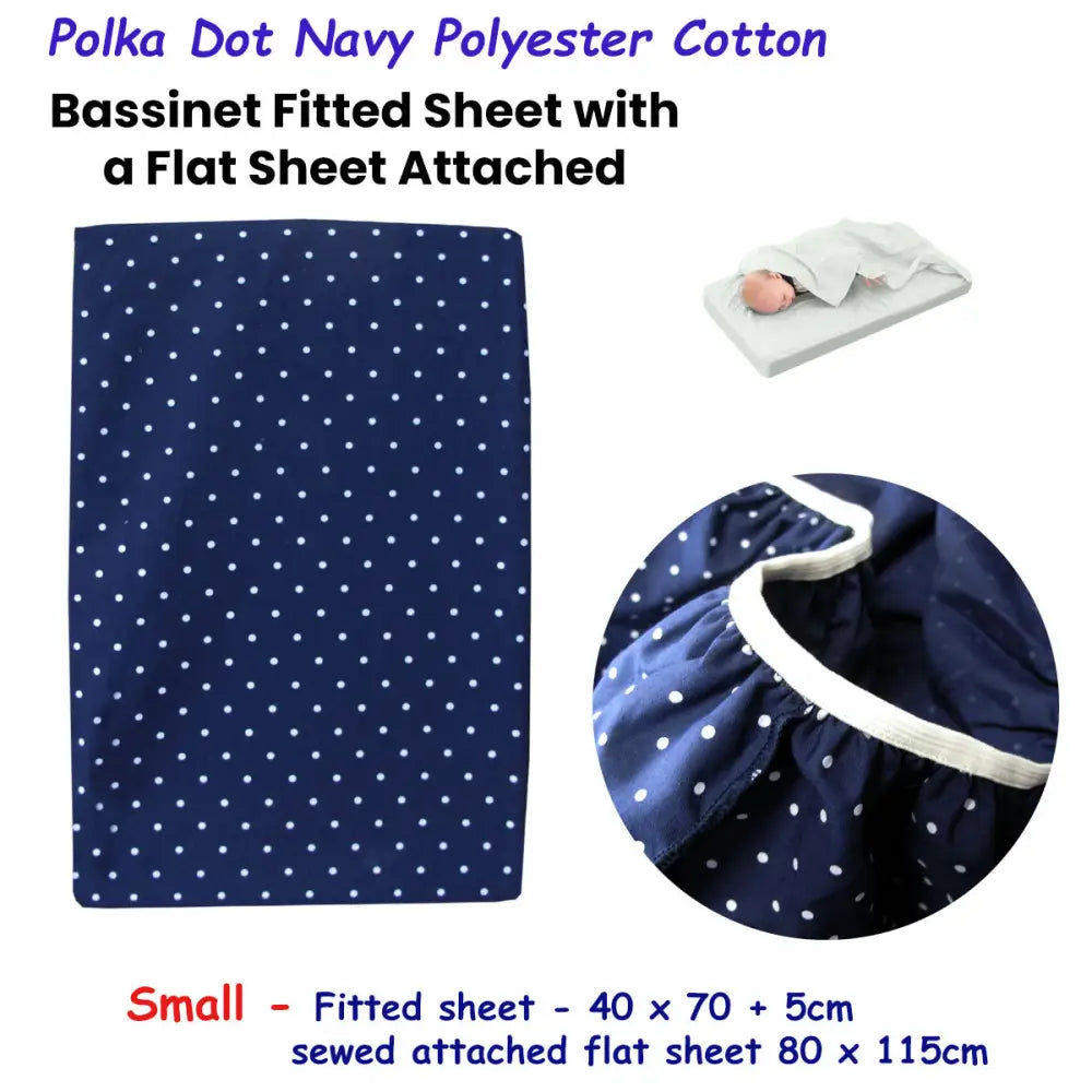 Polka Dot Navy Polyester Cotton Bassinet Fitted Sheet with a Flat Sheet Sewed Attached - Home & Garden > Bedding > Bed