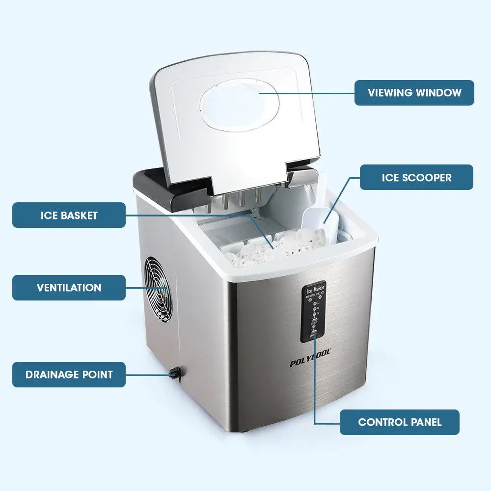 POLYCOOL 3.2L Electric Ice Cube Maker Portable Automatic Machine w/ Scoop Silver - Appliances > Kitchen Appliances