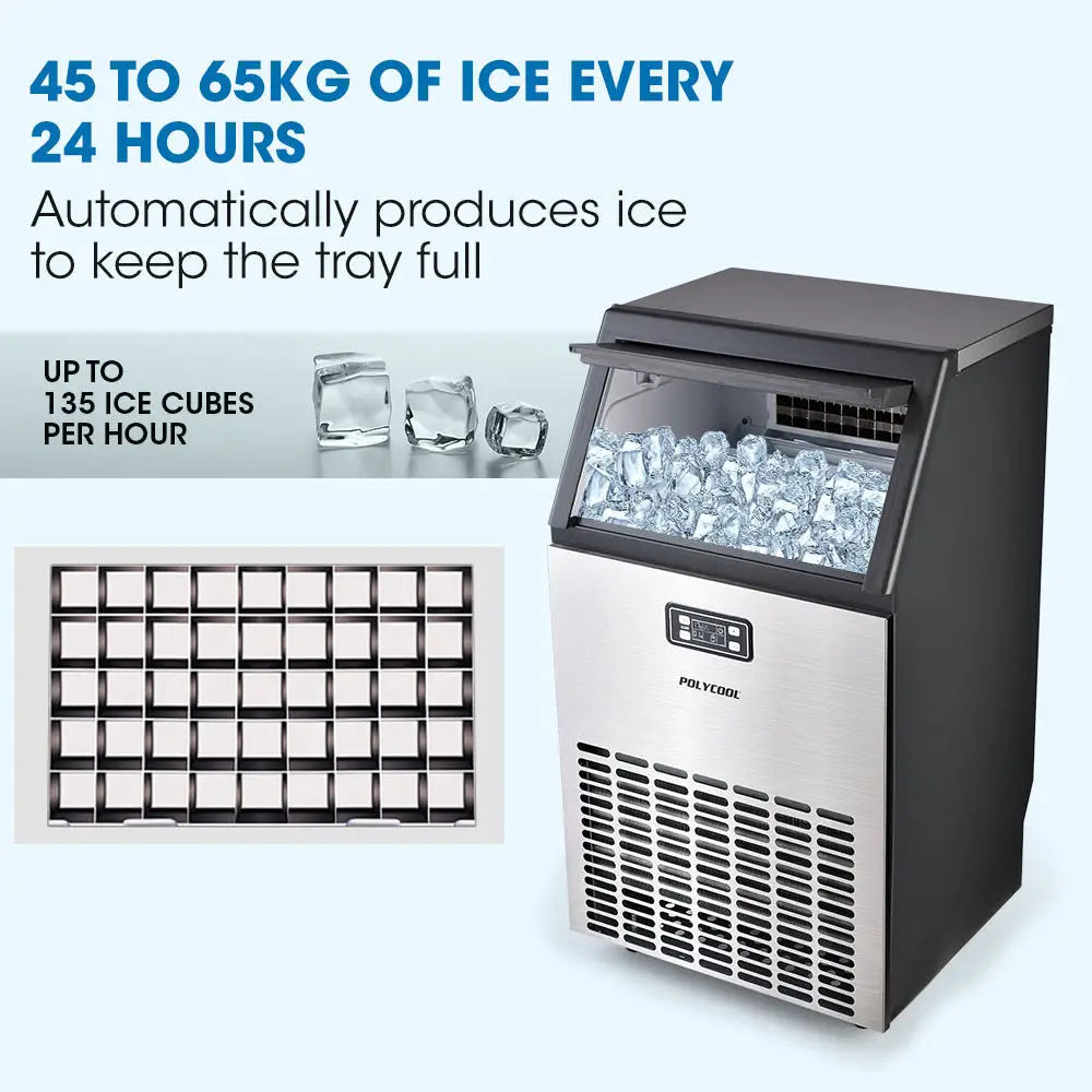 POLYCOOL Ice Cube Maker 45-65kg Commercial Ice Machine Stainless Steel Automatic with LCD Screen - Appliances > Kitchen