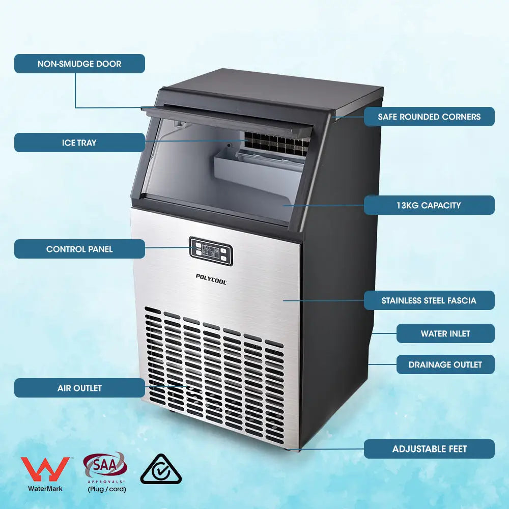 POLYCOOL Ice Cube Maker 45-65kg Commercial Ice Machine Stainless Steel Automatic with LCD Screen - Appliances > Kitchen