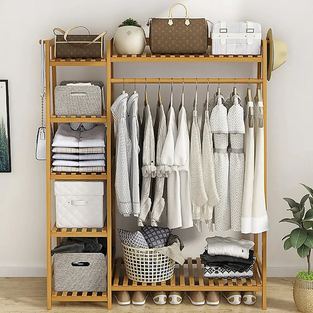 Portable Clothes Rack Coat Garment Stand Bamboo Rail Hanger Airer Closet - Furniture > Office