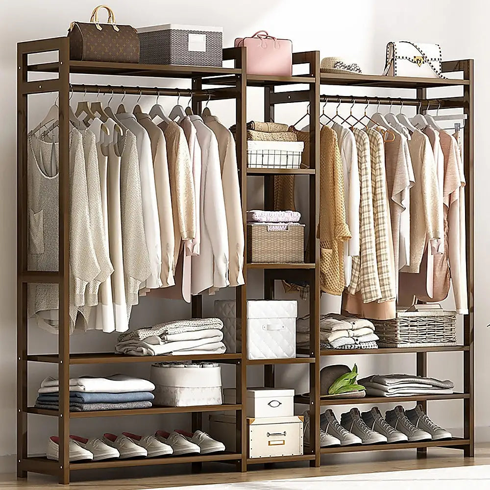 Portable Clothes Rack Coat Garment Stand Bamboo Rail Hanger Airer Closet - Furniture > Office