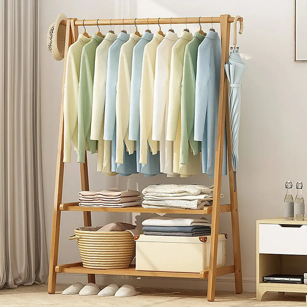 Portable Clothes Rack Coat Garment Stand Bamboo Rail Hanger Airer Closet - Furniture > Office
