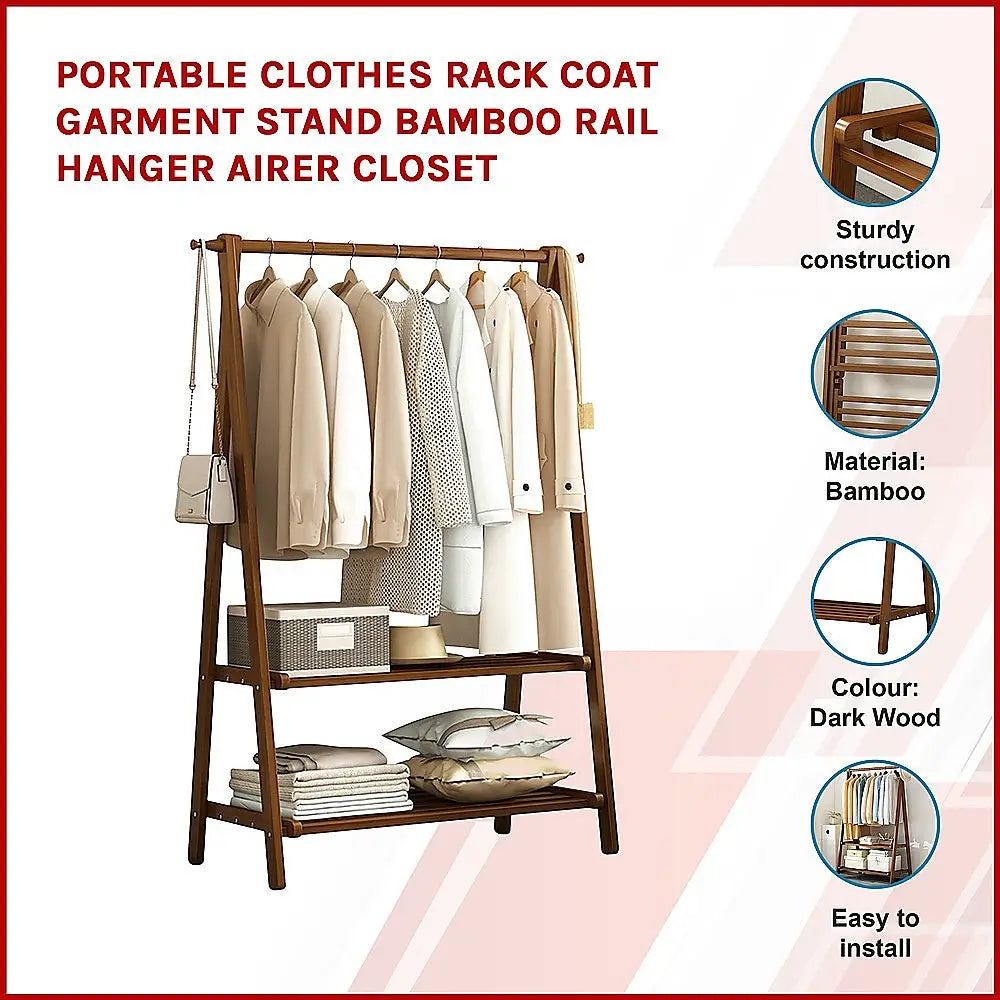 Portable Clothes Rack Coat Garment Stand Bamboo Rail Hanger Airer Closet - Furniture > Office