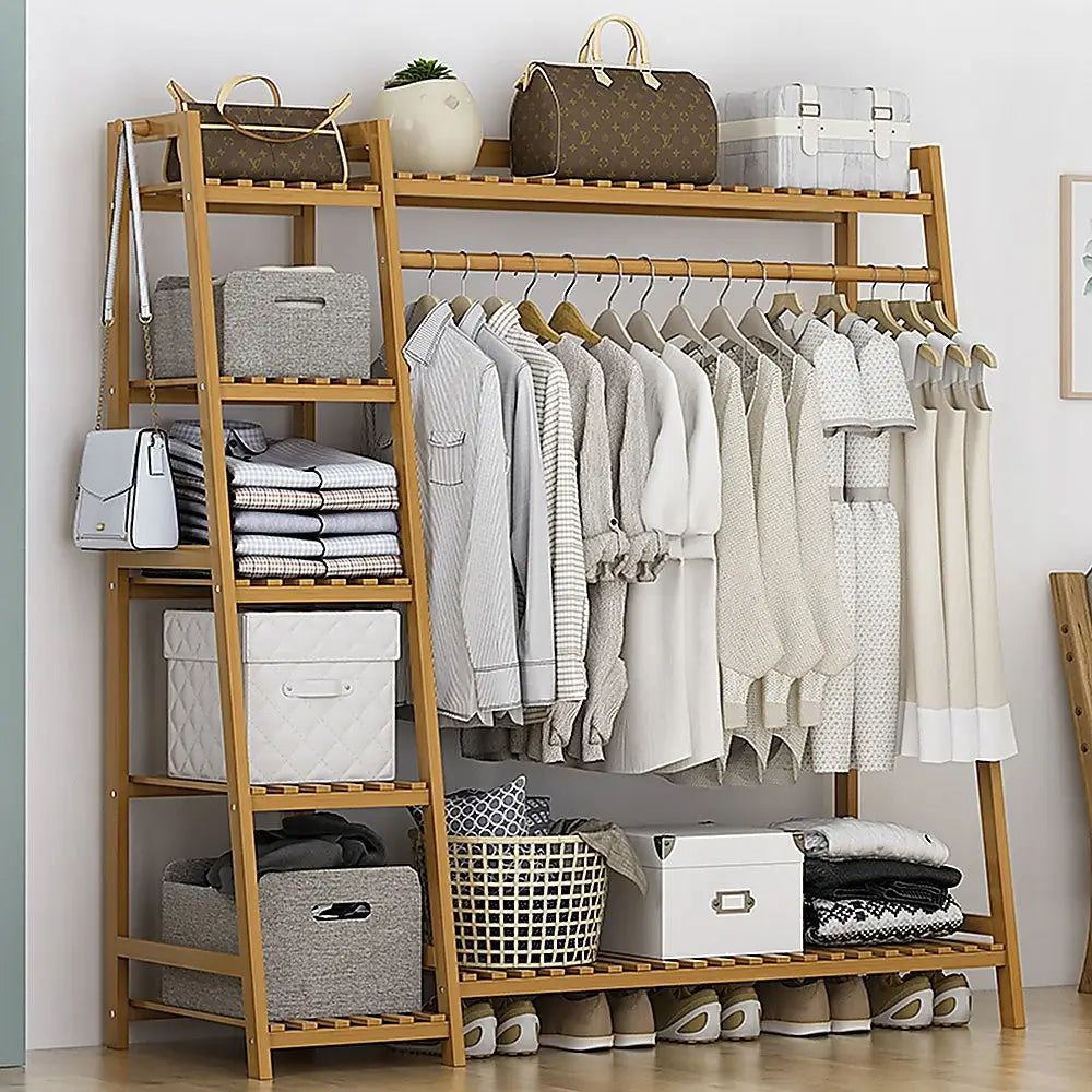 Portable Clothes Rack Coat Garment Stand Bamboo Rail Hanger Airer Closet - Furniture > Office