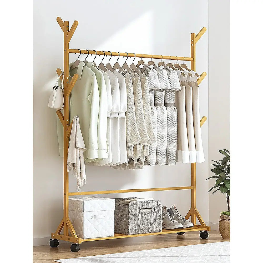 Portable Clothes Rack Coat Garment Stand Bamboo Rail Hanger Airer Closet - Furniture > Office