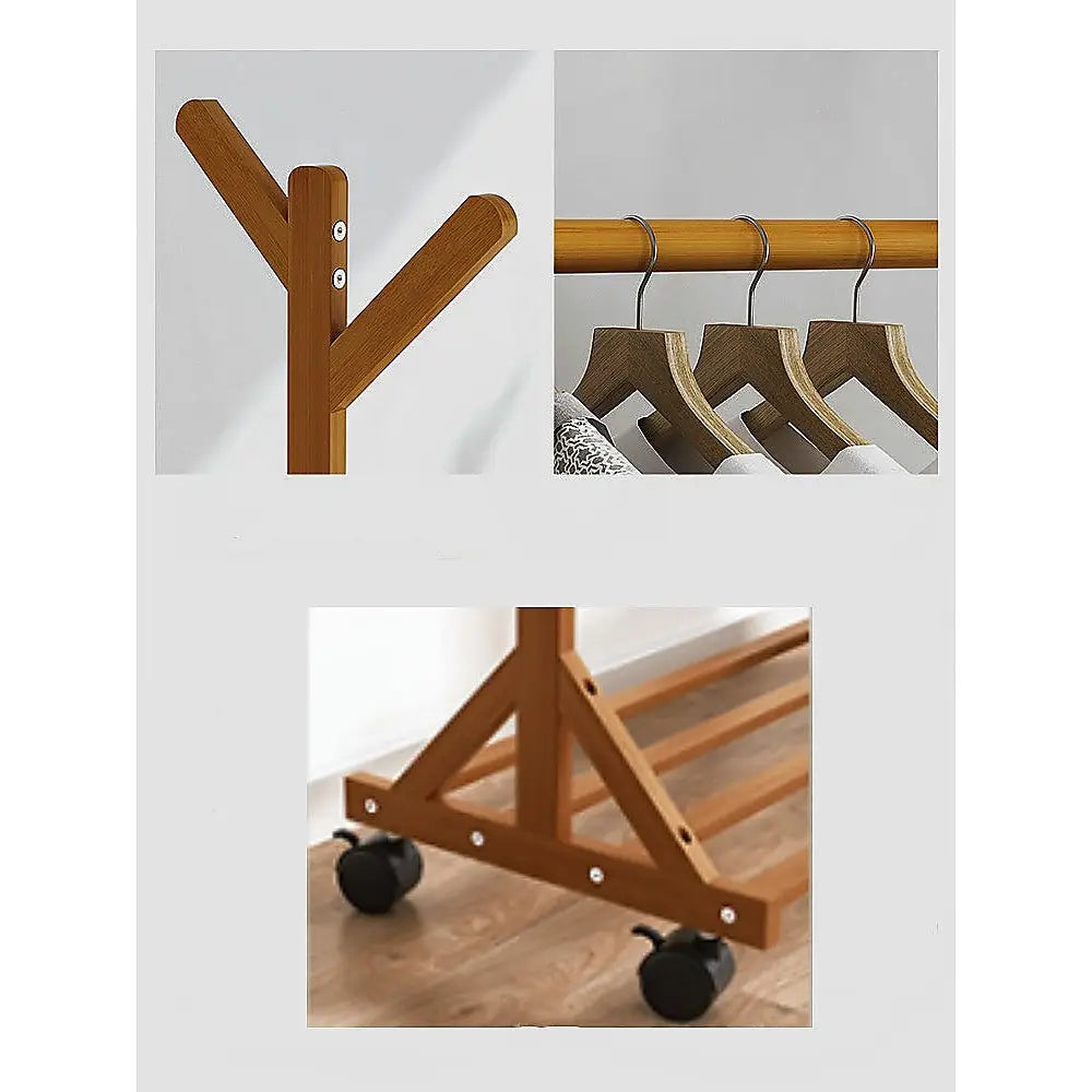 Portable Clothes Rack Coat Garment Stand Bamboo Rail Hanger Airer Closet - Furniture > Office