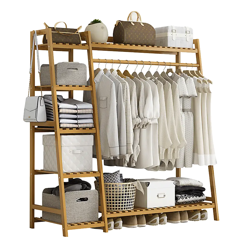 Portable Clothes Rack Coat Garment Stand Bamboo Rail Hanger Airer Closet - Furniture > Office