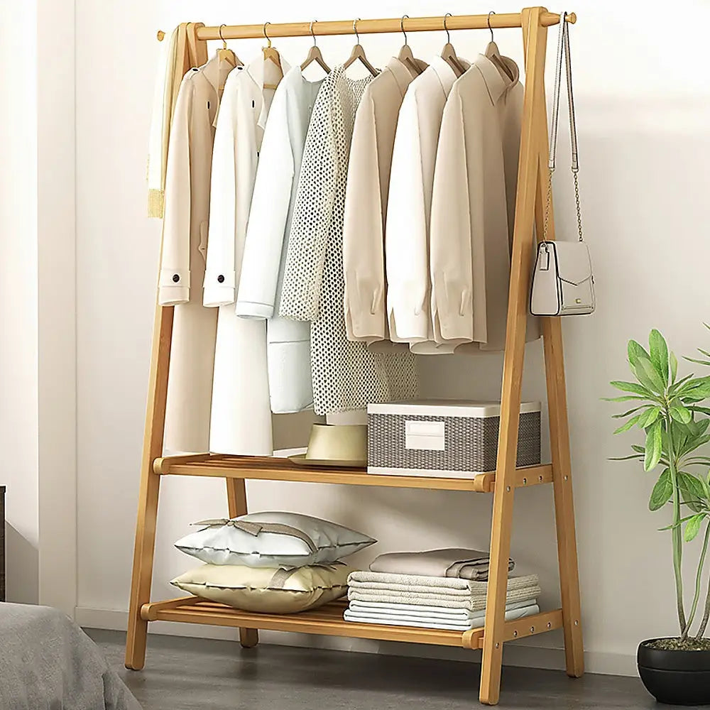 Portable Clothes Rack Coat Garment Stand Bamboo Rail Hanger Airer Closet - Furniture > Office