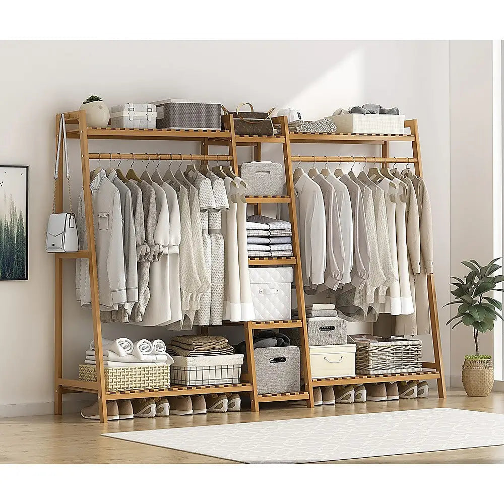 Portable Clothes Rack Coat Garment Stand Bamboo Rail Hanger Airer Closet - Furniture > Office