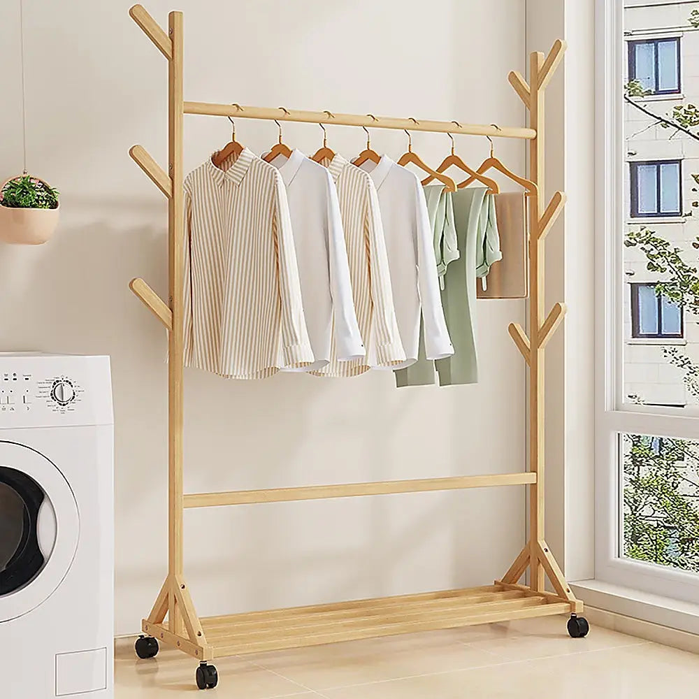 Portable Clothes Rack Coat Garment Stand Bamboo Rail Hanger Airer Closet - Furniture > Office