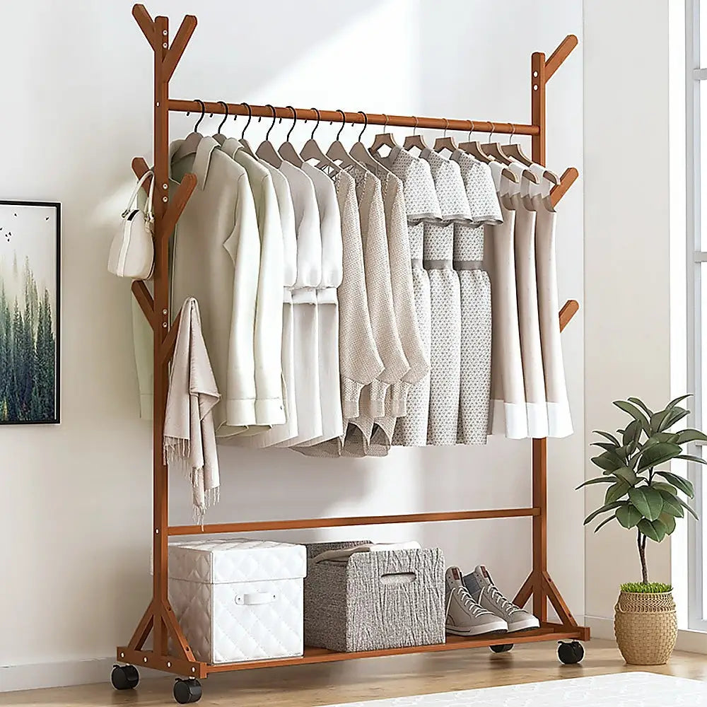 Portable Clothes Rack Coat Garment Stand Bamboo Rail Hanger Airer Closet - Furniture > Office