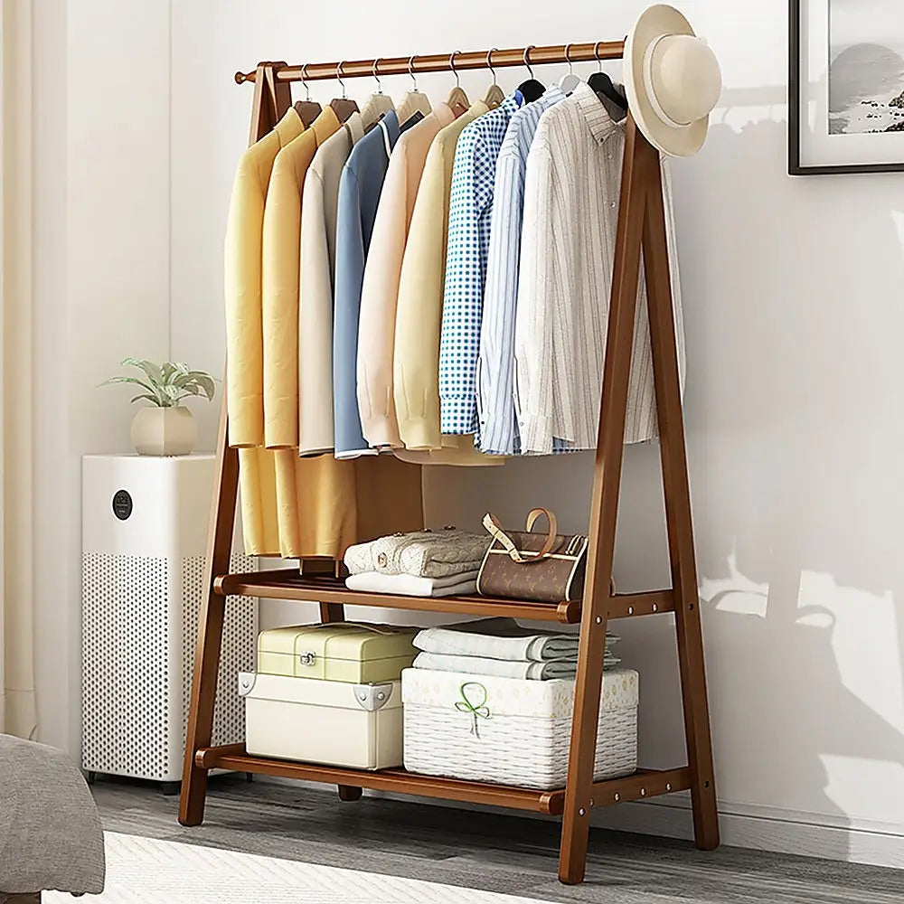 Portable Clothes Rack Coat Garment Stand Bamboo Rail Hanger Airer Closet - Furniture > Office