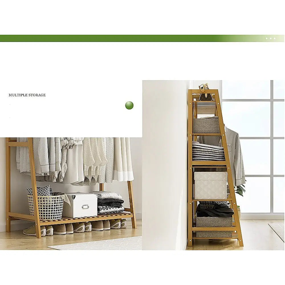Portable Clothes Rack Coat Garment Stand Bamboo Rail Hanger Airer Closet - Furniture > Office