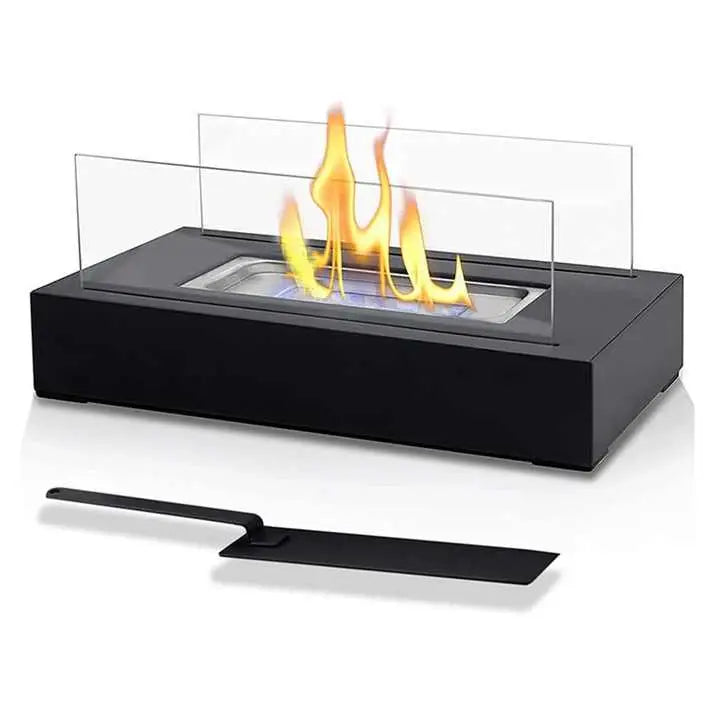 Portable Detachable Tabletop Bioethanol Fireplace - Black Rectangular Design with Glass Shields - Home & Garden > Decor