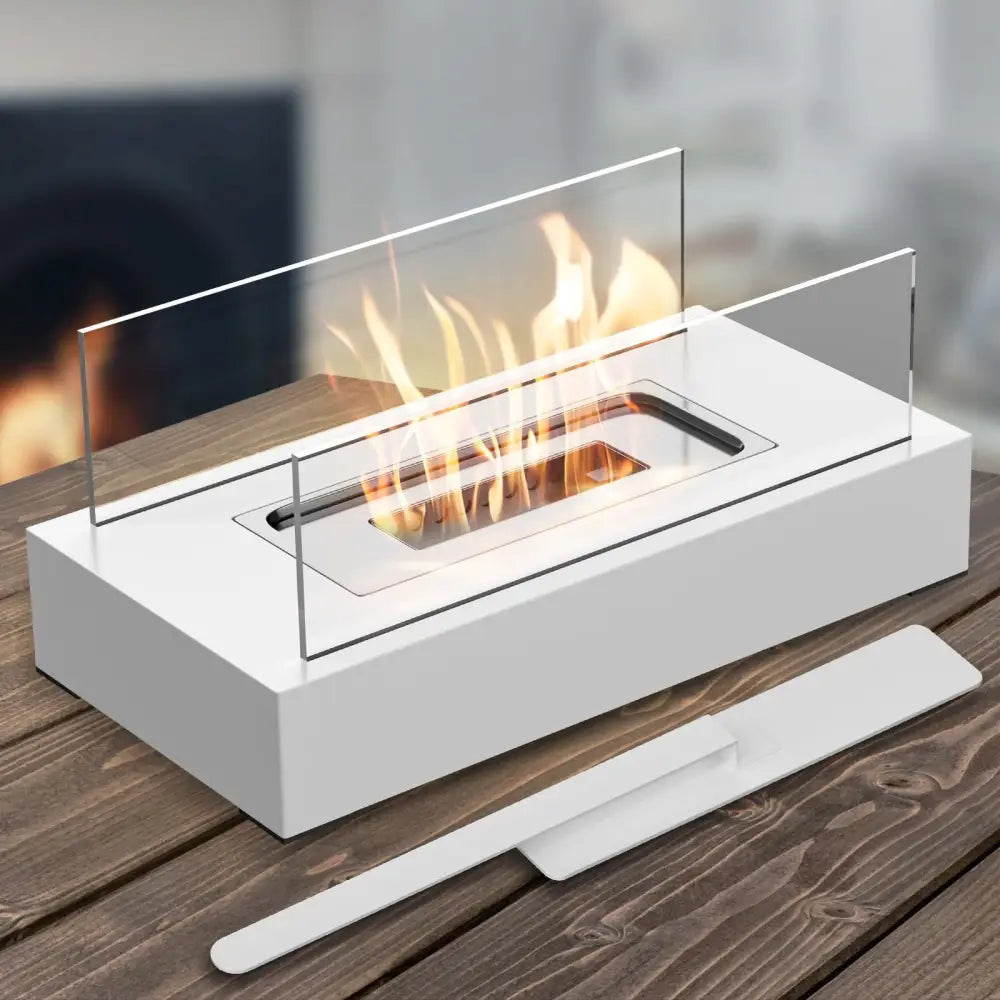 Portable Detachable Tabletop Bioethanol Fireplace - White Rectangular Design with Glass Shields - Home & Garden > Decor